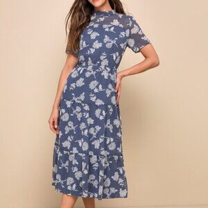 Lulus Floral Dressed Up Dusty Blue Floral Print Midi Dress